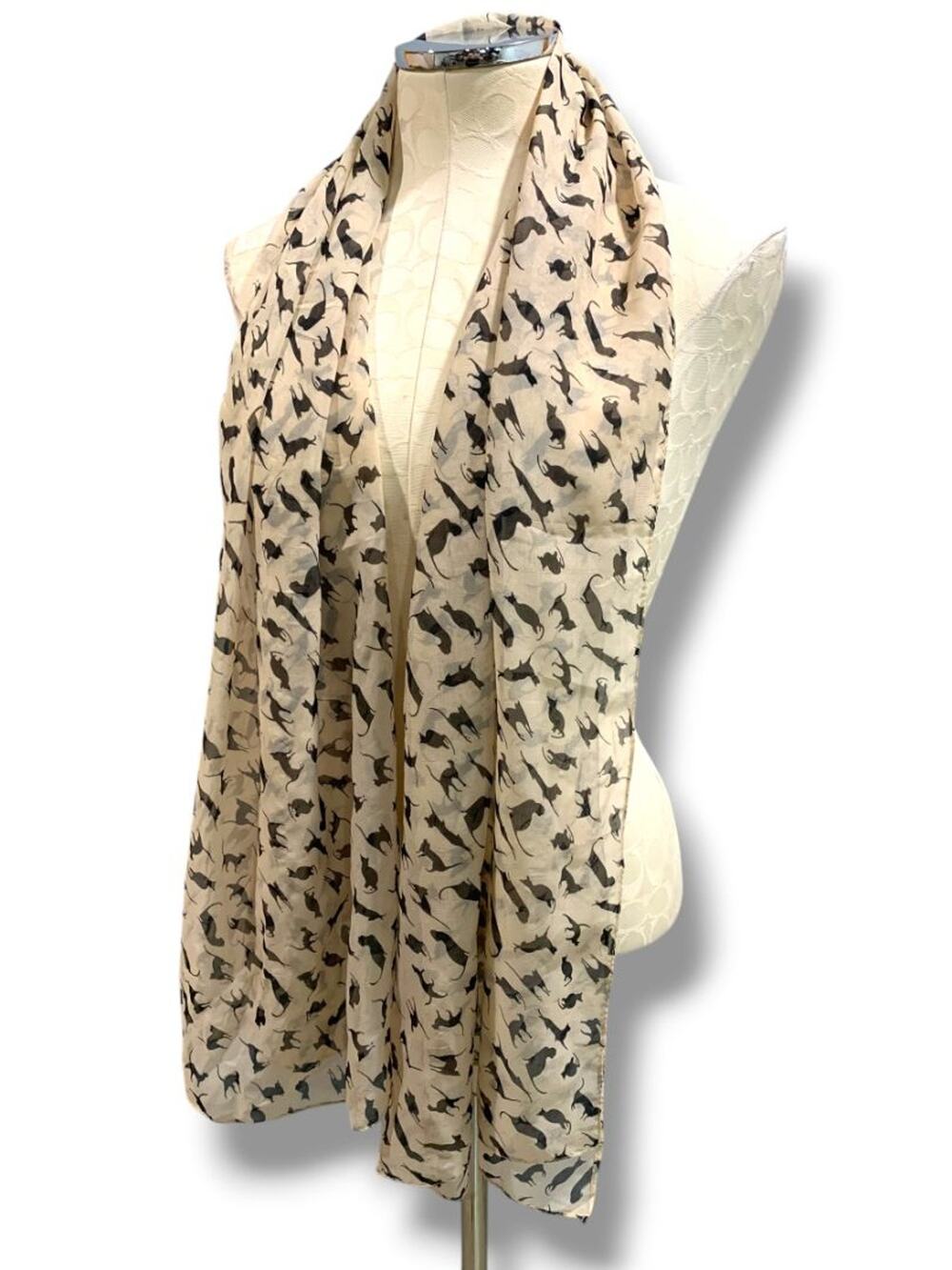 Sheer Scarf Tan Black Cat Feline Print 62" x 27"